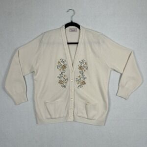 Vintage Dunedin Scotland Embroidered Button Sweater Cardigan Ivory Sz M Cottage